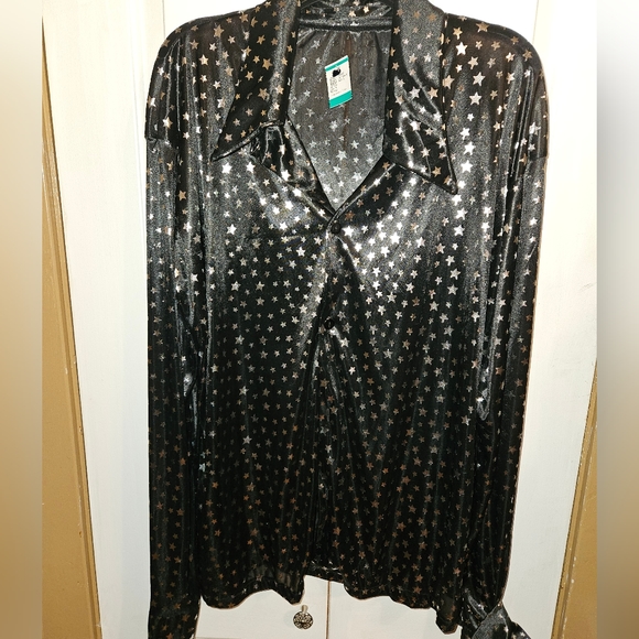 Black Collared Metallic Silver Stars Blouse, size XXL - Picture 3 of 6